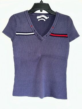 Tommy Hilfiger Navy V-Neck Ribbed Sweater with Red & White Stripe Accents